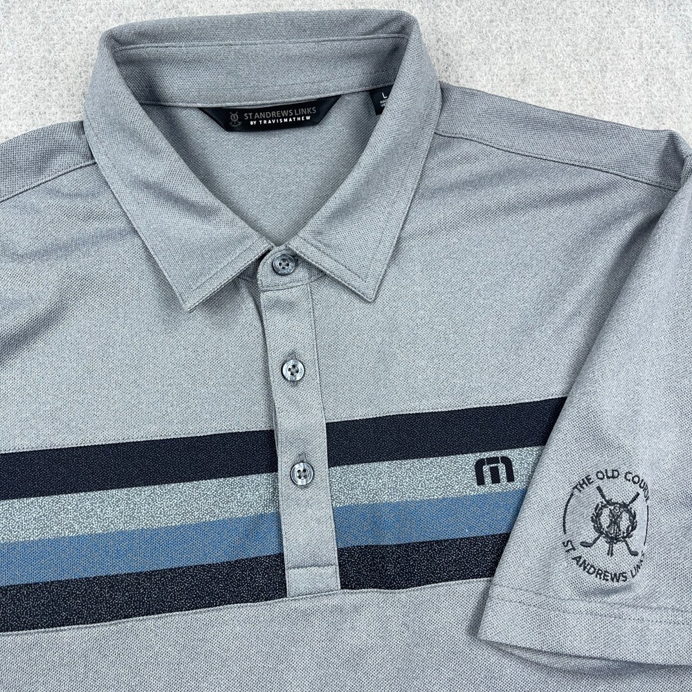 Travis Mathew Polo Shirt Men XL Gray Blue Performance St Andrews Links Golf *